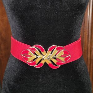 Stretch Waist Belt Womens One Size Red Gold Tone Leaf Buckle Elastic Wide 80s